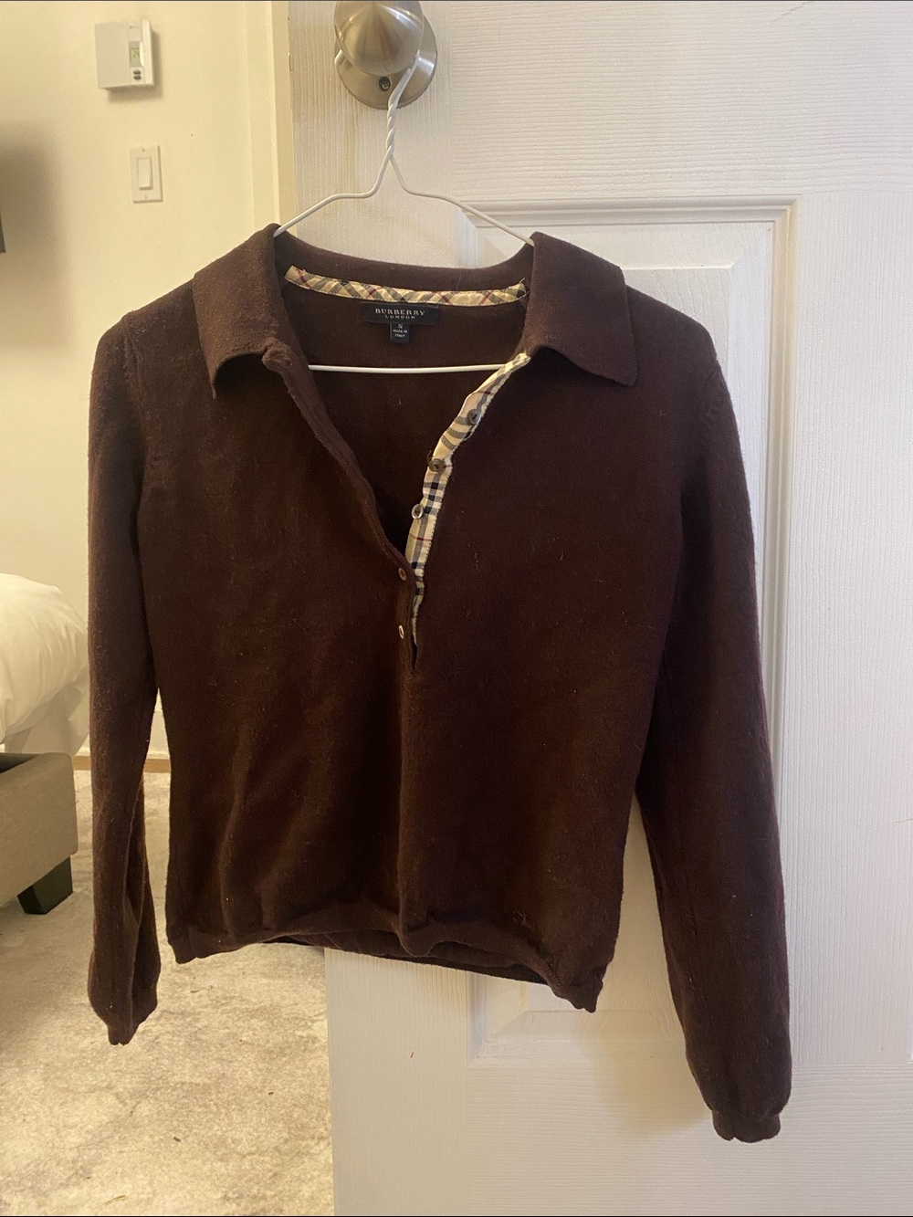 Burberry Brown Zip Polo Sweater with Plaid Trim